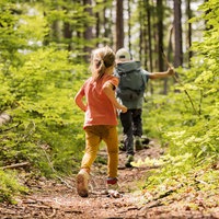 Zwei Kinder, ein Junge mit Rucksack vorne weg und ein Mädchen hinter ihm von hinten, laufen einen Waldweg entlang
