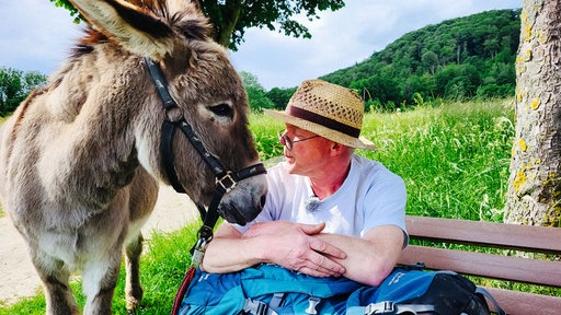 Klaus Lange und Esel Fritz ruhen sich auf einer Bank aus.