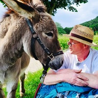 Klaus Lange und Esel Fritz ruhen sich auf einer Bank aus.