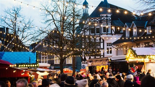Ein Weihnachtsmarkt mit vielen Menschen, festlich beleuchteten Buden, Lichterketten in den Bäumen und traditionellen Fachwerkhäusern im Hintergrund.