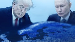 Fotomontage Trump und Putin vor Europakarte.