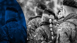 Das Beitragsbild des ARD Radiofeature "An vorderster Front" zeigt Soldaten der Brigade Litauen von hinten im Schnee, Mai 2025.