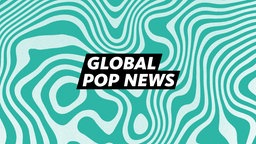 Schriftzug "Global Pop News" vor einem Hintergrund mit petrol-weißem Wellenmuster