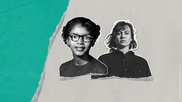 Collage mit zwei schwarz-weißen Porträts junger Frauen auf grauem Hintergrund: links ein historisches Foto, rechts eine moderne Aufnahme. Links eine türkisfarbene Papierfläche, unten eine Risskante.