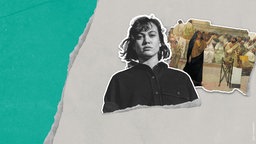 Die Moderatorin Milena Straube ist vor einer grau-grünen Grafik mit einem Gemälde von einer Frau mit schwarzem Schleier zu sehen, die vor einer Gruppe Männern zu sprechen scheint.