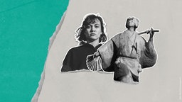 Auf grau-grüner Grafik ist die Moderatorin Milena Straube mit ihrer Shero dieser Folge, Izumo no Okuni, zu sehen. 