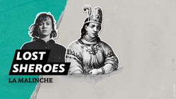 Vor grau-grünem Hintergrund sieht man ein schwarz-weißes Bild der Moderatorin und neben ihr eine schwarz-weiße Zeichnung von La Malinche in traditioneller, indigener Kleidung.