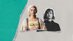 Ein schwarz-weißes Bild der Moderatorin Milena Straube neben der Shero der Folge, Maria Rampendahl, die als KI-generiertes Bild in Farbe neben der Moderatorin auf grün-grauem Hintergrund auf einer Montage zu sehen ist.