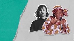 Die Host des Podcast (Milena Straube) ist auf einer grau grünen Grafik in schwarz-weiß zu sehen. Rechts neben ihr ist ein Bildausschnitt von Sophie Bosede Oluwole in Farbe.