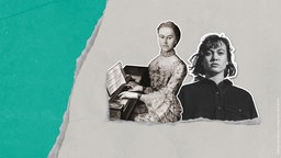 Collage: Moderatorin Milena Straube in Schwarz-Weiß neben einem historischen Porträt von Mozarts Schwester am Klavier; dazu der Schriftzug „Lost Sheroes – Maria Anna Mozart“.