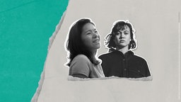 Quadratische Collage für COSMO: Zwei schwarz-weiße Frauenporträts auf grauem Papierhintergrund, oben türkis, mit dem Titel "Lost Sheroes – Makiko Futaki"