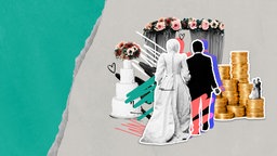 Collage mit einem Brautpaar vor einem geschmückten Traubogen, Hochzeitstorte, Blumen und Münzstapeln – symbolisiert Liebe, Tradition und die finanziellen Aspekte von Hochzeiten sowie das Business, was damit betrieben wird.