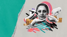 Collage mit dem Gesicht einer Frau, auf dem Linien für eine OP eingezeichnet sind. Sie trägt ein OP-Kopftuch. Links und rechts sind je Hönde in Latex Handschuhen, die einen Stift und ein Skalpell halten. Ein Stapel Münzen repräsentiert das Business.