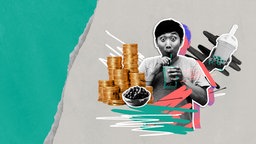 Collage mit einem überraschten jungen Mann, der Bubble Tea trinkt, daneben Münzstapel und Tapioka-Perlen – symbolisiert asiatische Popkultur, Wirtschaft und Trendgetränke.