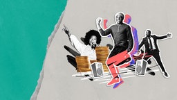 Collage mit tanzenden Menschen, Lautsprechern und Münzstapeln auf farbigem Hintergrund – symbolisiert Musik, Freude und wirtschaftlichen Erfolg.