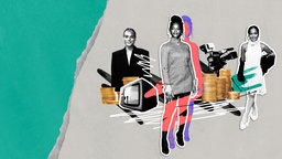 Collage mit drei Schauspieler:innen, einer Filmkamera und einem alten Fernseher. Daneben stehen Stapel Münzen. Das Business mit Filmen wird symbolisch dargestellt.
