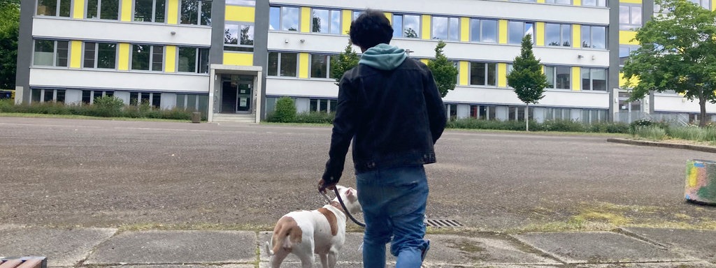 Das Beitragsbild des Dok5 "Ein gutes Leben haben – Jugendliche ohne Schulabschluss" zeigt einen Jugendlichen von hinten mit seinem Hund vor einem Schulgebäude.