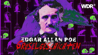 Eine Illustration vom amerikanischen Autor Edgar Allan Poe, zusammen mit Elementen aus seinen Geschichten.