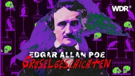 Eine Illustration vom amerikanischen Autor Edgar Allan Poe, zusammen mit Elementen aus seinen Geschichten.