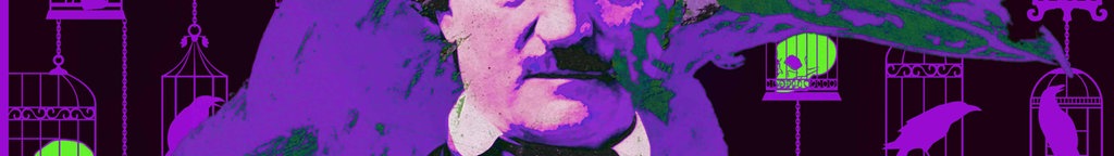 Eine Illustration vom amerikanischen Autor Edgar Allan Poe, zusammen mit Elementen aus seinen Geschichten.