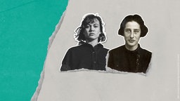 Auf grau-grünem Hintergrund ist die Moderatorin Milena Straube mit ihrer Gästin Olga Benario in schwarz weiß zu sehen.