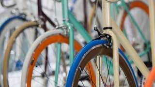 Das Beitragsbild des Dok 5 "Auf Touren? Wirtschaftsfaktor Fahrrad" zeigt Fahrräder mit bunten Reifen, die nebeneinander aufgereiht in einem Fahrradgeschäft stehen.