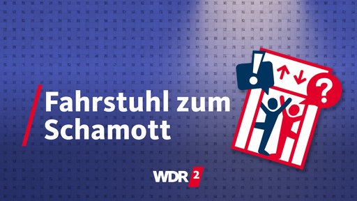 Die Grafik zeigt zwei Personen in einem Aufzug und den Schriftzug "Fahrstuhl  zum Schamott"