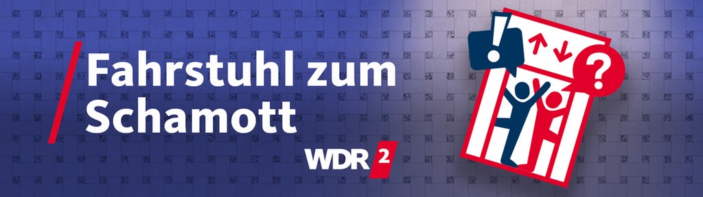 Die Grafik zeigt zwei Personen in einem Aufzug und den Schriftzug "Fahrstuhl  zum Schamott"