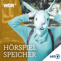 Ein Mensch in Hasenkostüm steht im Wald. Dazu der Schriftzug: WDR Hörspiel-Speicher.