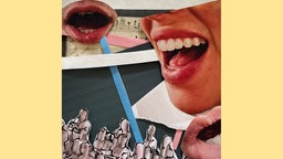 Das Beitragsbild des WDR3 Kulturfeature "Der Klang der Vielfalt" zeigt eine Collage aus singenden Mündern, Noten und einer gezeichneten Personengruppe.