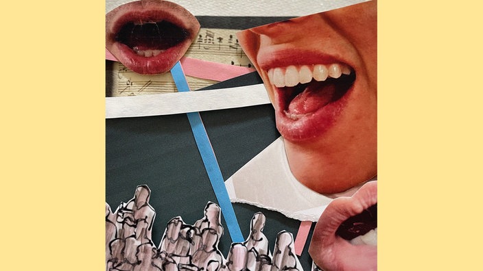Das Beitragsbild des WDR3 Kulturfeature "Der Klang der Vielfalt" zeigt eine Collage aus singenden Mündern, Noten und einer gezeichneten Personengruppe.