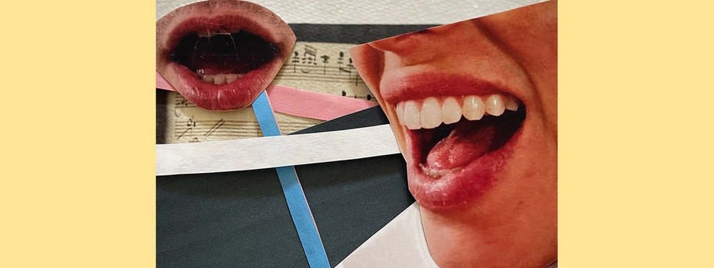 Das Beitragsbild des WDR3 Kulturfeature "Der Klang der Vielfalt" zeigt eine Collage aus singenden Mündern, Noten und einer gezeichneten Personengruppe.