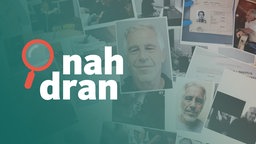 Das Bild zeigt eine Collage von Bildern von Jeffrey Epstein, darüber das Logo vom Podcast nah dran. 