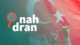 Das Bild zeigt mehrere Hände, die den Wolfsgruß formen. Dahinter ist eine türkische Flagge zu sehen. Auf der linken Seite ist das Logo des Podcasts nah dran. 