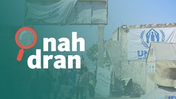 Menschen in einem Flüchtlingscamp vom UNHCR. Links das Logo von nah dran.