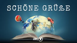 Offenes Buch mit Weltkugel, Fahrrad, Auto und Heißluftballon, Schriftzug: Schöne Grüße.