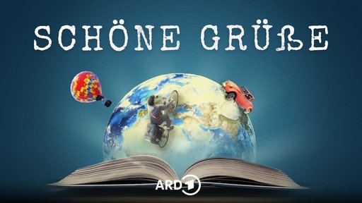 Offenes Buch mit Weltkugel, Fahrrad, Auto und Heißluftballon, Schriftzug: Schöne Grüße.