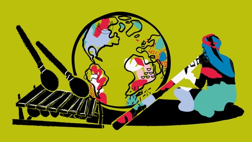 Illustration zu WDR 3 Musikinstrumente der Welt: Ein Mensch und bunte Instrumente.