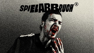 Cover des Podcasts „Spielabbruch“, ein Fußballer mit Verletzung, stilisiert.