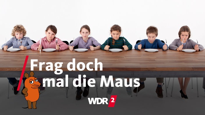 Kinder an einem Tisch sitzen vor leeren Tellern und schauen grimmig in die Kamera