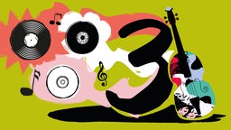 Illustration zum Podcast "WDR 3 Drei für Jetzt", zu sehen sind Schaltplatten, die Ziffer Drei, ein Notenschlüssel und ein Cello.