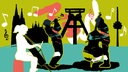 Illustration zu WDR 3 Tonart. Eine Skyline die NRW symbolisiert im Hintergrund und im Vodergrund mehrere Musiker mit Instrumenten.