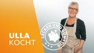 Ulla in Kochschürze, lachend