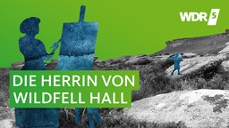 Umrisse einer jungen Frau, die vor hügeliger Landschaft an einer Staffelei malt. Im Hintergrund spielt ein kleiner Junge.