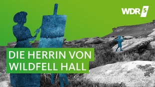Umrisse einer jungen Frau, die vor hügeliger Landschaft an einer Staffelei malt. Im Hintergrund spielt ein kleiner Junge.