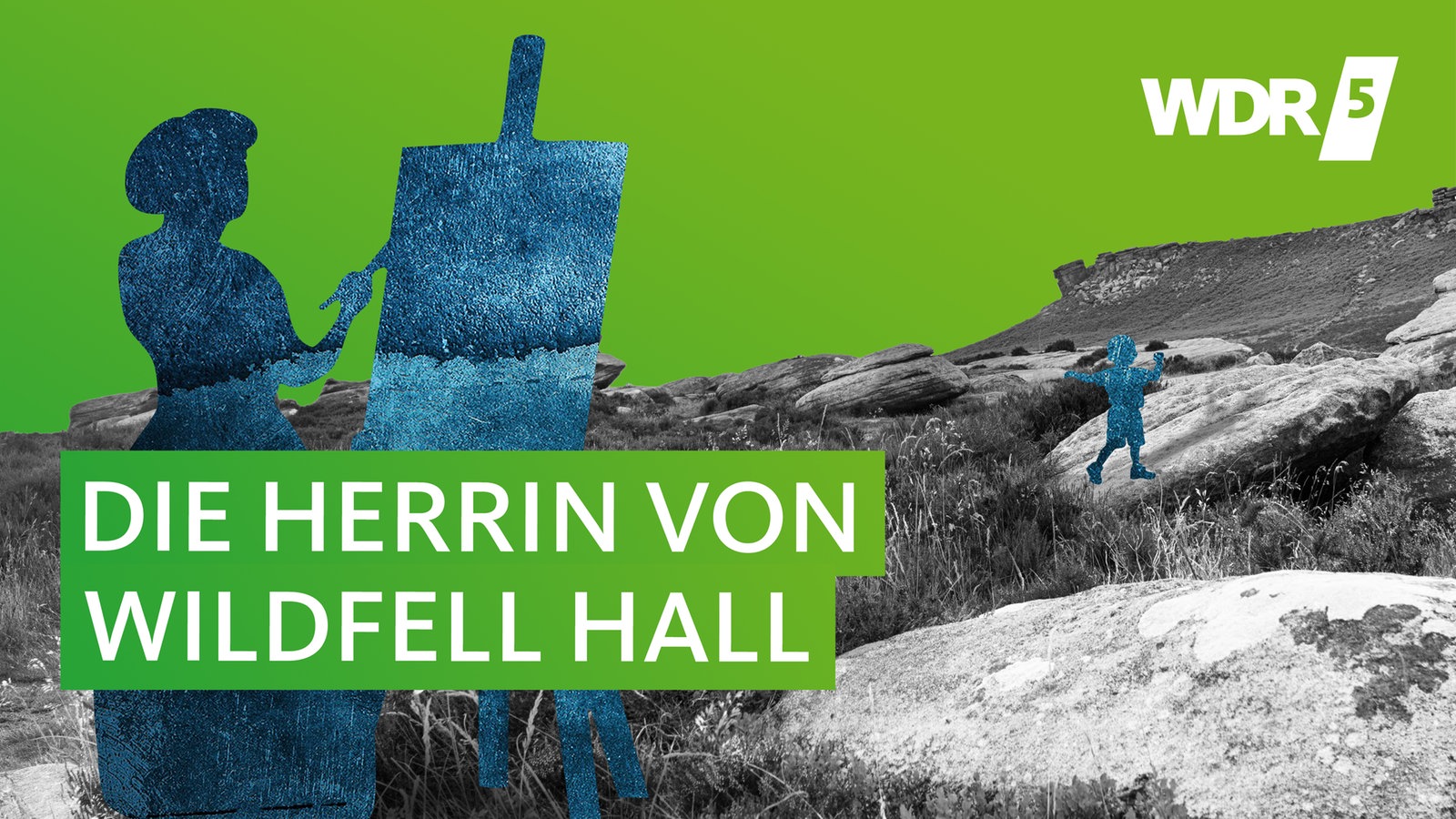 Umrisse einer jungen Frau, die vor hügeliger Landschaft an einer Staffelei malt. Im Hintergrund spielt ein kleiner Junge.