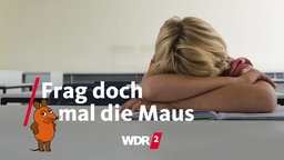 Junge sitzt in Klassenzimmer und schläft über Schulbuch
