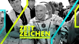 Der erste Weltraumtourist, Dennis Tito (M), freut sich nach seiner Rückkehr aus dem All am 06.05.2001