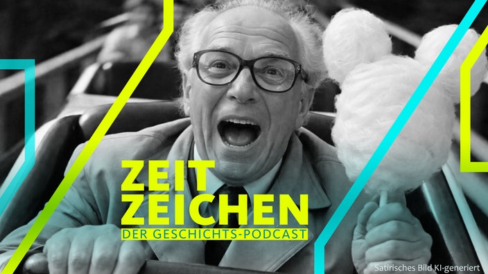 Satirische, KI-generierte Bildmontage von Erich Honecker, der mit einer Zuckerwatte in der Hand in einer Achterbahn sitzt.