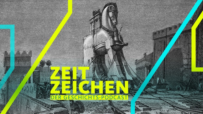 Auf einem Holzstich sieht man das Trojanische Pferd aus Homers "Ilias und Odyssee"